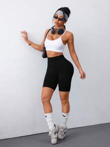 Slayform 无缝宽腰带紧身运动短裤弹力短裤女士运动短裤、健身短裤、骑行短裤 - 黑色 - 查看 6