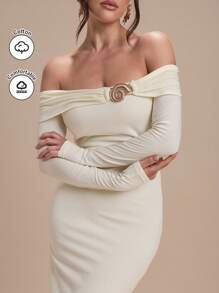 Modelyn Women's Metal Decor Off Shoulder Long Sleeve Fishtail Hem Fitted Elegant Dress - Apricot - View 9