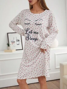 Women Cotton Floral Pattern With Eye Lettered Printed Long Sleeve Homewear Sleep Pajama Dress Women Pajama Dress Long Sleeve Nightgown Cute Sleepwear Women Cute Sleep Set Sleepwear Dress