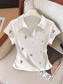 SHEIN Camiseta de manga corta casual de verano, de corte slim y versátil para mujer - Blanco - Ver 5