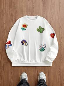 Manfinity VCAY 3D Flower Print Design Men's Loose Fit Round Neck Long Sleeve Sweatshirt, For Fall Winter - White - View 6
