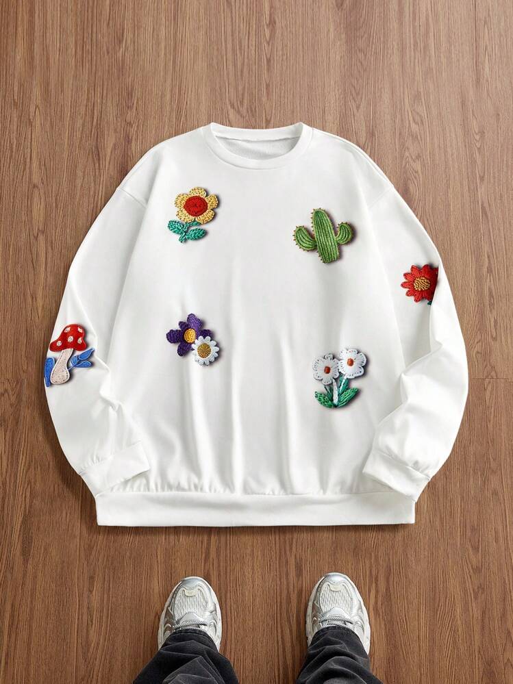 Manfinity VCAY 3D Flower Print Design Men's Loose Fit Round Neck Long Sleeve Sweatshirt, For Fall Winter - White - View 6