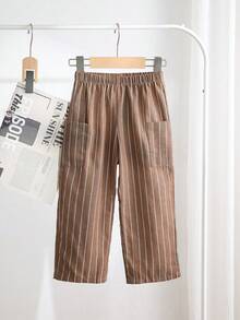 SHEIN 男童休闲舒适百搭条纹直筒裤 - 棕色 - 查看 6