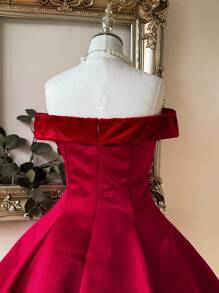 SHEIN Belle Elegante y lujoso vestido rojo con hombros descubiertos y parches de satén con diseño evasé para boda, fiesta, vacaciones, baile de graduación (con adornos elaborados), vestido semi formal para cumpleaños, invitado de boda, fiesta de graduación - Rojo - Ver 6