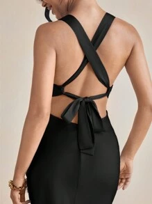 Amiko Solid Black Bias Drape Satin Slip Dress With Tie Back Wedding Elegant Dress Summer Vacation - Black - View 2