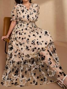 SHEIN Clasi Plus Size Women Long Sleeve Mesh & Flocked Dress, Elegant Summer Dress, Suitable For Outdoor Wear Fall Women Clothes Fall Clothes Autumn Business Casual - Multicolor - View 1