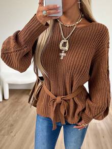 SHEIN EZwear Suéter casual de manga larga con cintura ceñida, estilo de dinero antiguo para mujer en otoño e invierno - Marrón - Ver 4