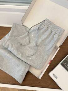 SHEIN PETITE Women's Fashion Casual Rhinestone Embellished High Waist Drawstring Sweatpants, Petite Fall Cloth For Women - Grey - View 5