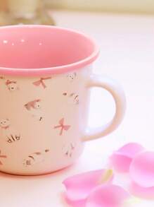 ROMWE 1 pieza Taza de café de cerámica de color rosa, taza de agua doméstica simple, compatible con lavavajillas y microondas, con diseño de lazo y Catie, estilo kawaii, adecuada para restaurante u hogar, decoración del hogar