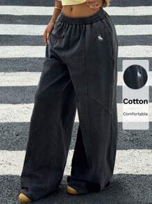 SHEIN EZwear 女士黑色针织阔腿运动裤 - 黑色 - 查看 1