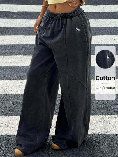 SHEIN EZwear 女士黑色针织阔腿运动裤