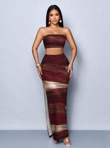 SOLERSUN 深红色波浪高弹优雅全身数码印花紧身性感外出时尚派对度假女士抹胸长裙套装 - 彩色 - 查看 3