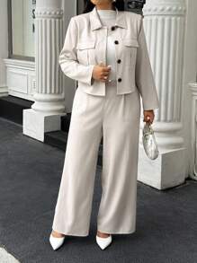 Easura Ensemble 2 pièces grande taille, veste et pantalon décontracté de couleur unie