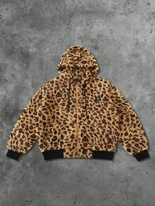 ROMWE MEN Street Life Unisex Leopard Print Casual Hoodie Sweatshirt, Street Style American, Suitable For Autumn/Winter - Coffee Brown - View 3