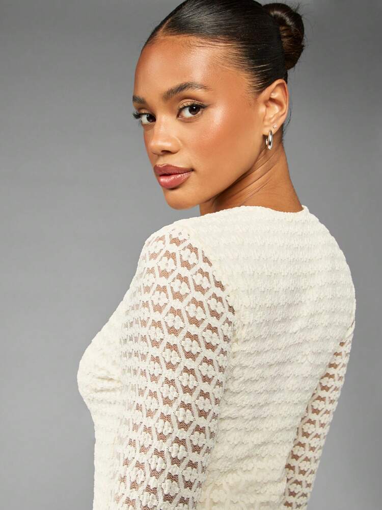 MISSGUIDED Ruffled Tier Mini Dress Crochet Lace Pearl Button Front Party Wedding Guest Formal Winter Long Sleeve Holiday Special Occasion