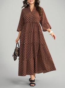 Comfylo 大码粉色碎花休闲四层连衣裙 - 卡其色 - 查看 5