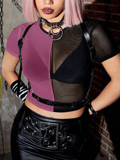 Grunge Punk Camiseta corta de manga corta con cuello redondo, ajustada y de talla grande, con parches de malla roja y morada para verano