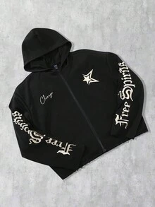 ROMWE MEN Goth 男士字母刺绣拉链连帽卫衣，街头美式风格设计，秋季 - 黑色 - 查看 1