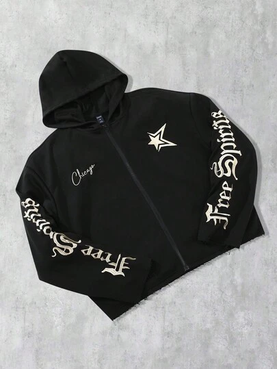 ROMWE MEN Goth 男士字母刺绣拉链连帽卫衣，街头美式风格设计，秋季