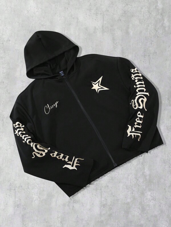 ROMWE MEN Goth 男士字母刺绣拉链连帽卫衣，街头美式风格设计，秋季