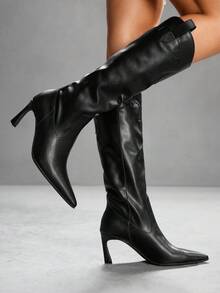 CUCCOO SZL Giày bốt cao đến đầu gối đế thấp màu đen thời trang thoải mái dành cho nữ - màu đen - Xem 7