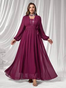 Coutiva Plus Size Women's Rhinestone Decor Long Sleeve High-End Evening Gown, Elegant Luxury Party Dress Sequin Dress  Lace Dress Red Dress Burgundy Dress Luxury Evening Dresses For Women - Burgundy - View 7