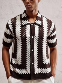 AKNOTIC Men's Hollow Out Design Striped Single-Breasted Loose Casual Knit Top - Multicolor - View 5