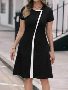 EMERY ROSE Women Contrast Color Round Neck Short Sleeve Casual Commute Dress - Black - View 3