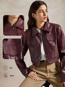Briarwyn Áo khoác thời trang nữ tay dài bằng da PU màu trơn, cài nút đơn, quần áo mùa thu cho nữ, trở lại trường, áo khoác mùa đông phong cách cổ điển cho nữ, quần áo cổ điển cho nữ, trang phục dạo phố cho nữ - Màu Đỏ Sâu - Xem 1