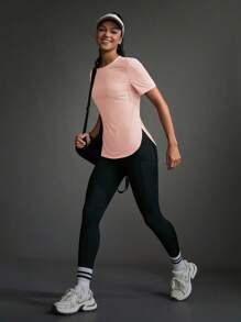 女士休闲运动网眼拼布圆领短袖 T 恤 - 珊瑚粉 - 查看 6