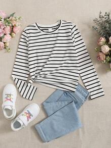 SHEIN Tween 女童常规条纹长袖 T 恤，休闲春秋季 - 白色 - 查看 6