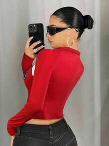 SHEIN ICON Women's Tight Fit T-Shirt With Stand Collar, Color Block Patchwork & Rivet Decor - Red and White - View 2