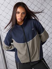SHEIN Sports Women Sports Jackets Y2K Zip-Up Loose Casual Jacket, Spring & Autumn, Fall Winter Jackets, Nylon Jackets, Sportswear, Daily Wear Jacket Activewear, Sportwear, Tracksuit, Back To School, Retro Streetwear Streetstyle. Preppy, Blokecore, Women Athleisure Women Athleisure Wear Jacket Women Track Jacket Zip Up Jacket Women Workout Zip Up Sportswear Women Women Athleisure - Black - View 1