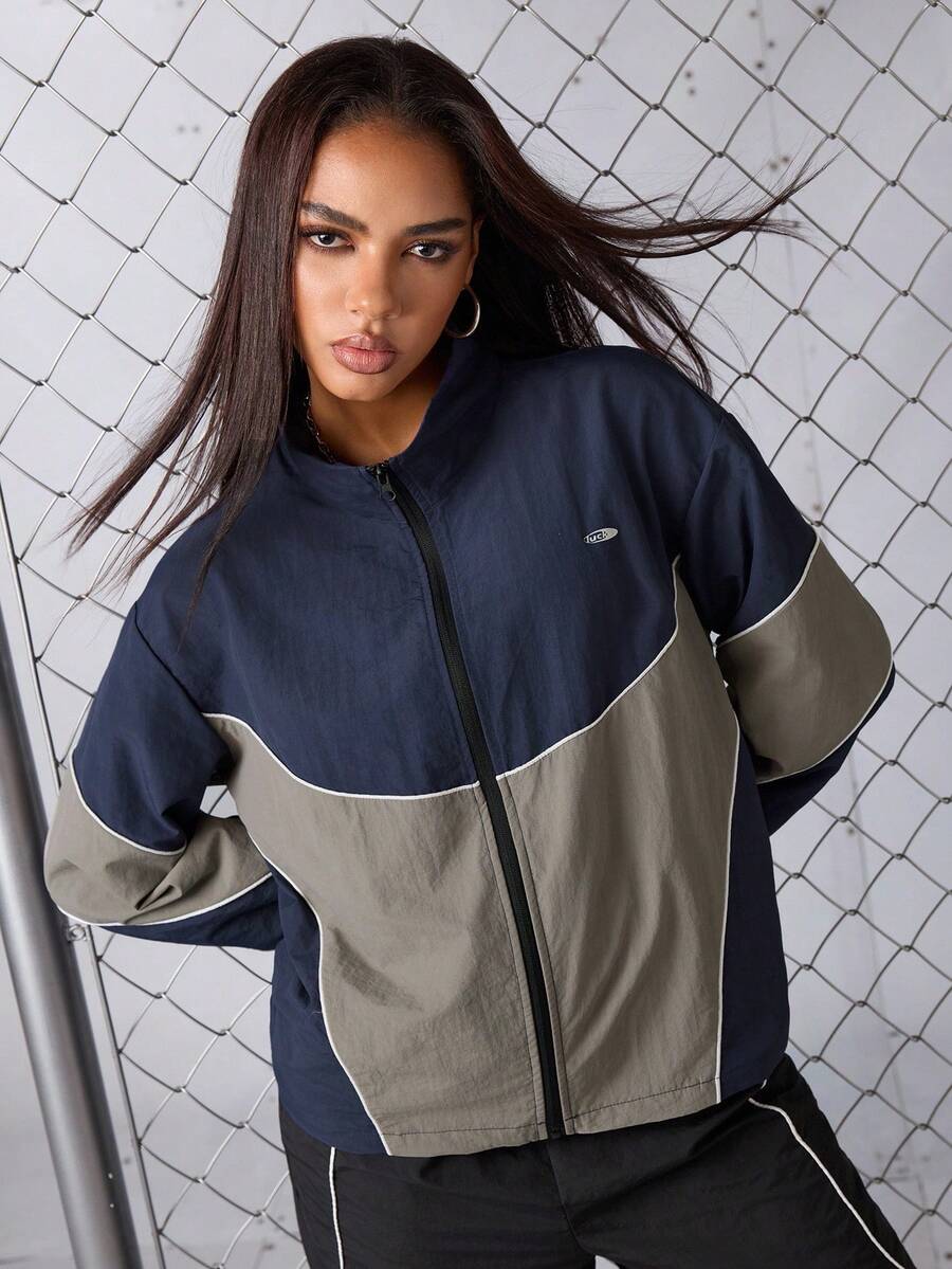 SHEIN Sports Women Sports Jackets Y2K Zip-Up Loose Casual Jacket, Spring & Autumn, Fall Winter Jackets, Nylon Jackets, Sportswear, Daily Wear Jacket Activewear, Sportwear, Tracksuit, Back To School, Retro Streetwear Streetstyle. Preppy, Blokecore, Women Athleisure Women Athleisure Wear Jacket Women Track Jacket Zip Up Jacket Women Workout Zip Up Sportswear Women Women Athleisure - Black - View 1
