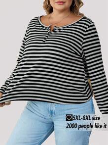 SHEIN CURVE+ Curves 大尺碼條紋休閒長袖上衣，萬聖節上衣，返校季，2026 22W - 彩色 - 查看 1