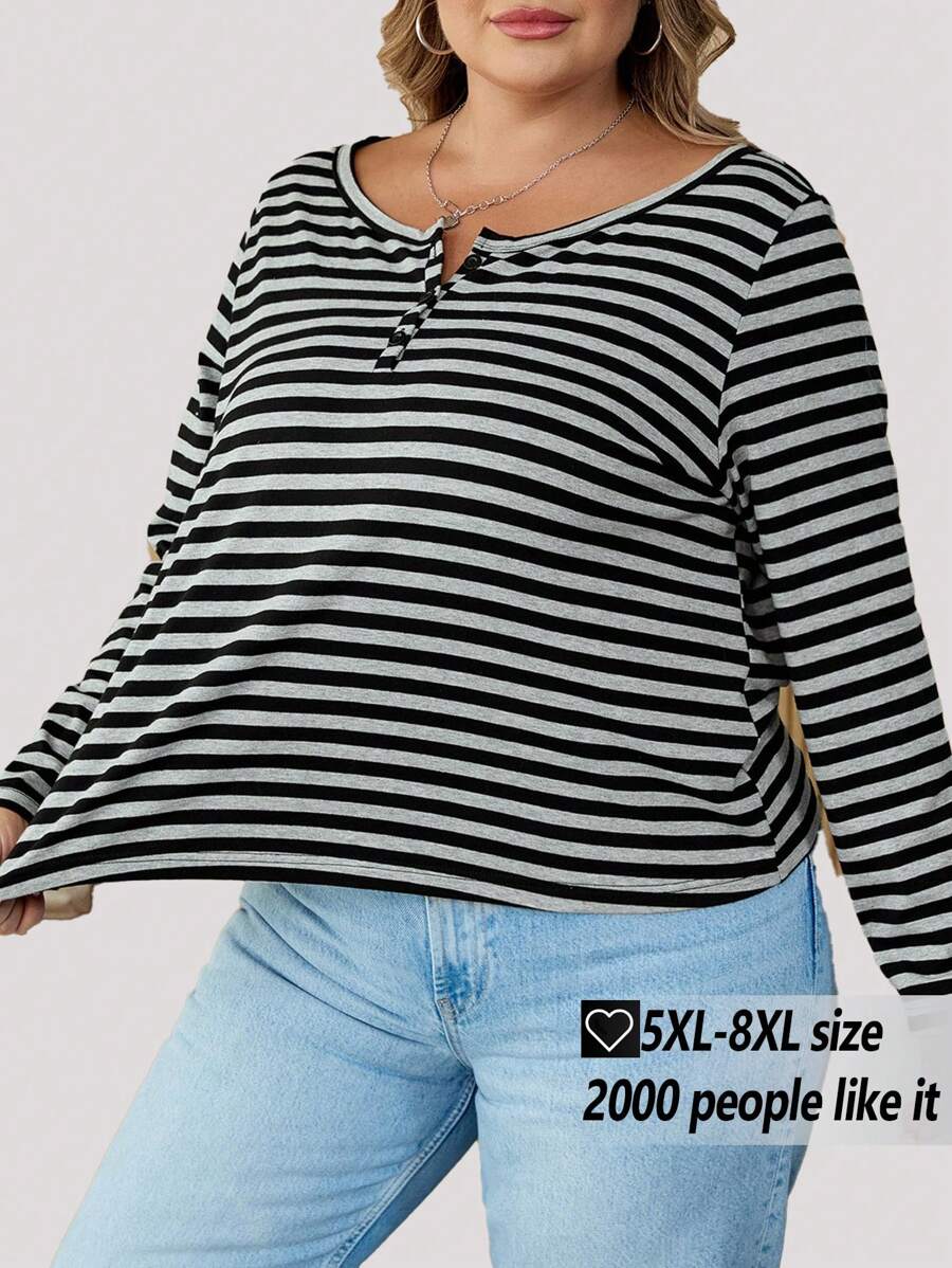 SHEIN CURVE+ Curves 大尺碼條紋休閒長袖上衣,萬聖節上衣,返校季,2026 22W - 彩色 - 查看 1