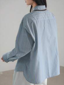 Dazy-Less Women's Loose Casual Striped Print Long Sleeve Button Up Blouse, Business Office Wear, Spring & Autumn,Fall Women - Blue - View 5