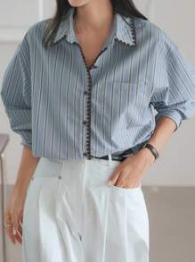 Dazy-Less Women's Loose Casual Striped Print Long Sleeve Button Up Blouse, Business Office Wear, Spring & Autumn,Fall Women - Blue - View 7