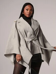 SHEIN SXY Áo khoác ngoài kiểu dáng áo choàng màu mơ thanh lịch dành cho nữ cỡ lớn, thích hợp cho đi làm, đi chơi, công sở - Màu be - Xem 5