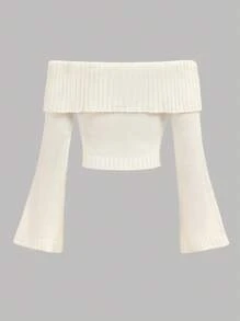 Girlism Tween Girls Knit Off-Shoulder Flared Sleeve Cropped Sweater In Almond White, Elegant Teenage Knitwear Suitable For Fall/Winter, Christmas, Party