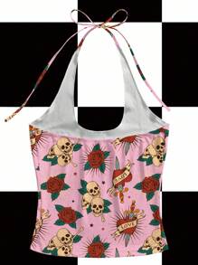 Shutterstock Women's Skeleton & Floral Print Fashion Halter Neck Tank Top Pink Top Skull Print Top Rose Print Top Tattoo Print Top Pink Halter Top - Pink - View 2