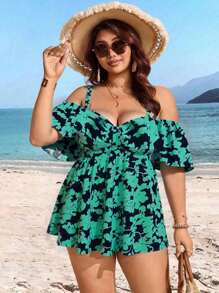 Swim Lushoire Plus Size Random Print Off Shoulder Adjustable Strap 2 Pieces Modest & Fashionable Tankini Swimsuit For Summer Beach Vacation - Green - View 4