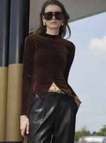 Uhlyne 女士优雅复古硬币型端庄时尚基本款高领不对称下摆修身通勤衬衫