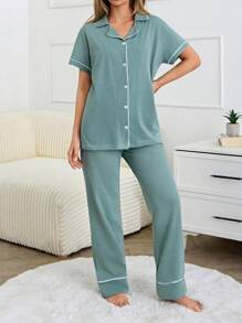 RueChic 女士绑带细节短袖长裤家居睡衣套装 - 藍色 - 查看 5