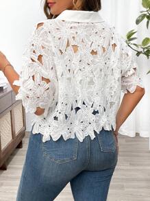 SHEIN Clasi Chemise fleurie en dentelle ajourée grande taille pour vacances d'été femme - Blanc - Voir 2