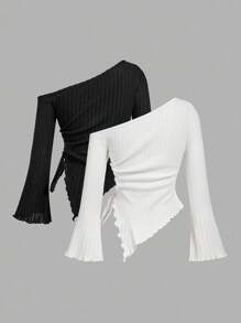 SHEIN MOD 两件装黑白女式不对称下摆喇叭袖T恤，带抽绳，不对称领口，罗纹袖，喇叭袖，单袖上衣，适合返校季、教师、可爱女性、万圣节服装、商务休闲女性、办公室女性穿着。 - 黑與白 - 查看 2