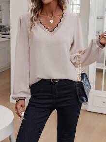 SHEIN Frenchy Teacher Outfits Earthy Clothes Scallop Trim Lantern Sleeve Blouse,Commute,Office,Old Money,Simple,Minimalist, Winter Casual - Apricot - View 3