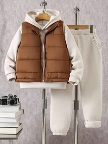 3 件套青少年女孩休闲百搭日常居家和学校绗缝加厚背心 + 运动衫 + 运动裤宽松运动套装秋冬 - 杏色 - 查看 4