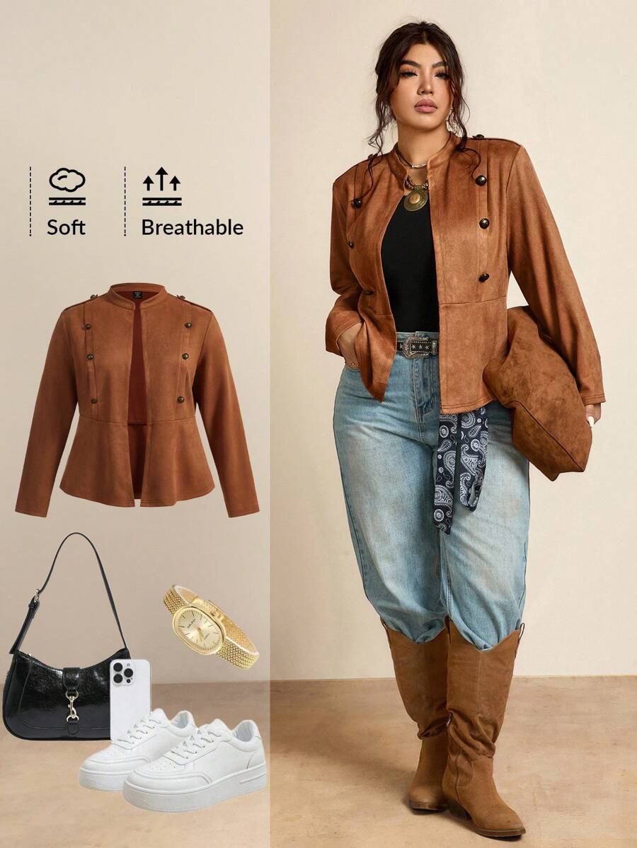 Freevana Plus Size Women's Solid Color Long Sleeve Double-Breasted Casual Jacket Fall Winter Business Casual Chic Suede Jacket - Mocha Brown - View 1