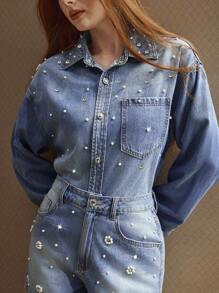 Selenza 2 件套女式牛仔套装，长袖上衣和阔腿短裤，夏季新款时尚水钻和珍珠花朵设计 - 藍色 - 查看 7